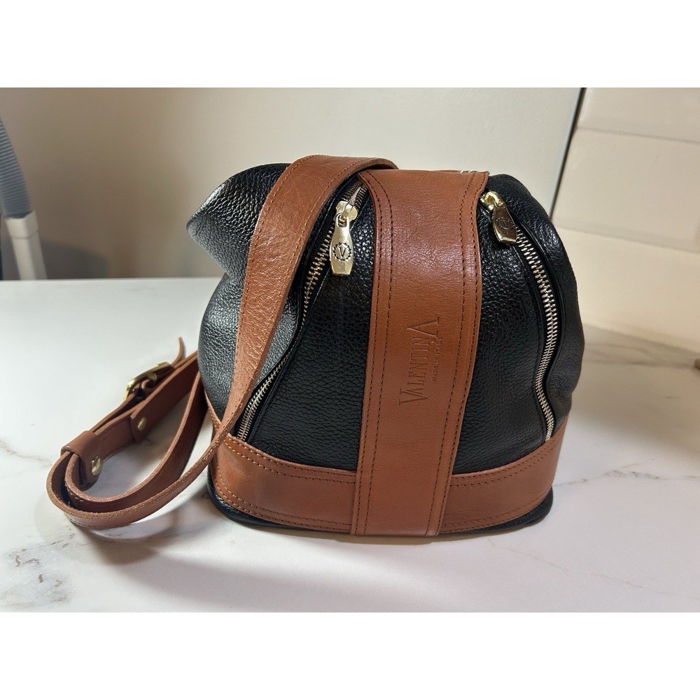 Valentina Italy Black Pebbled Leather Convertible Sling Backpack Hobo Bag
